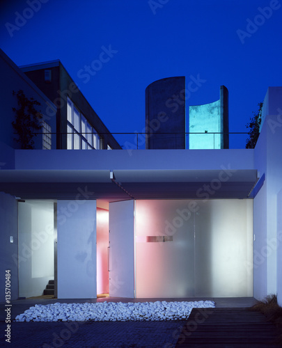 Night time exterior view of modern house photo