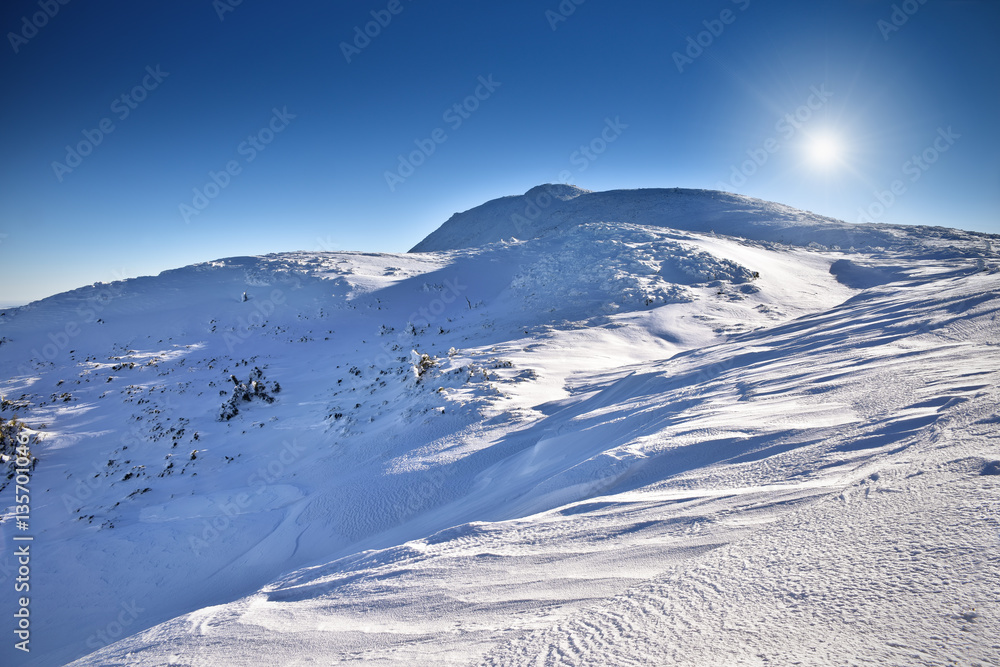 Winter landscape view of Babia mountain in Poland.