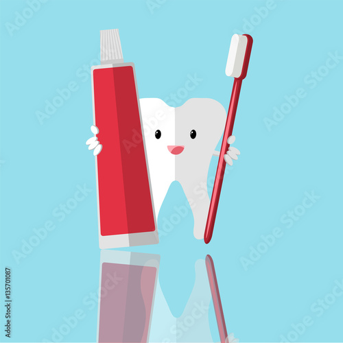 Healthy cute cartoon tooth character making a thumb up gesture while smiling happily and holding a dental tooth brush with tooth paste