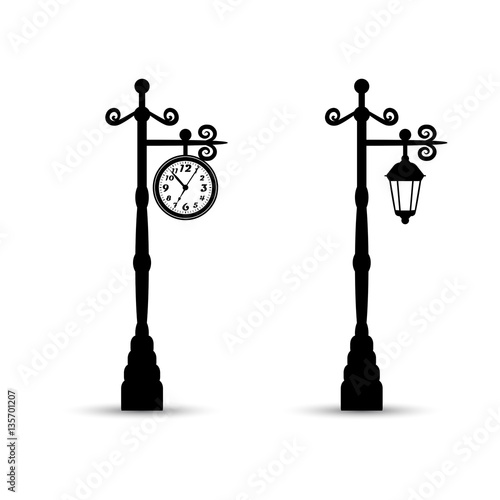 Flat streetlight and clock silhouettes. Lamppost and watch icons.