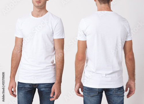 T-shirt design and people concept - close up of young man in blank white t-shirt, shirt, front and rear isolated. Clean shirt mock up for design set.