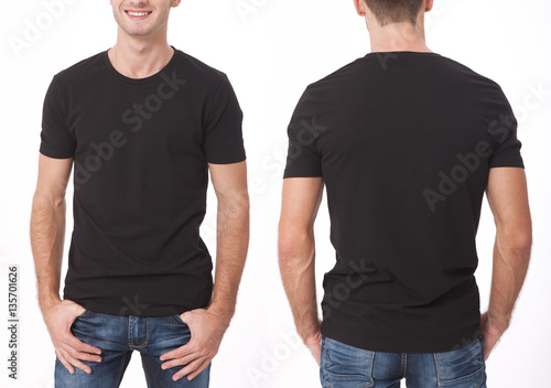 t-shirt design and people concept - close up of young man in blank white t-shirt, shirt, front and rear isolated. Clean shirt mock up for design set.