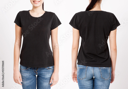 T-shirt design and people concept - close up of young woman in blank white t-shirt, shirt, front and rear isolated. Clean shirt mock up for design set.