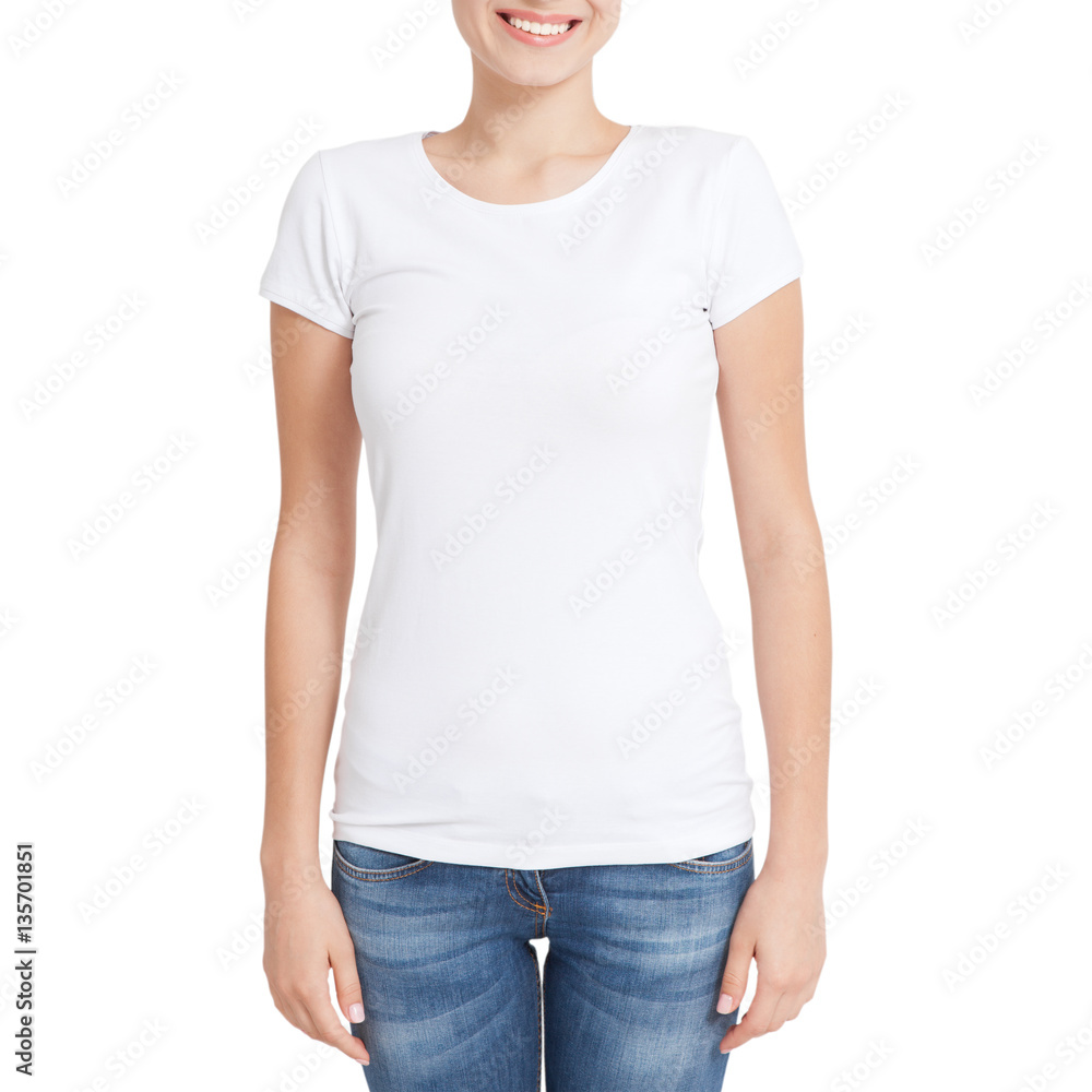 Obraz premium T-shirt design, people concept - closeup of young woman in blank white shirt, front isolated. Mockup square.