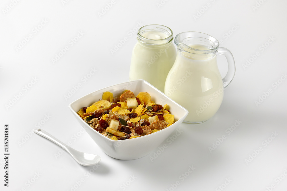 breakfast cereals, milk and white yogurt breakfast cereals, milk and white yogurt