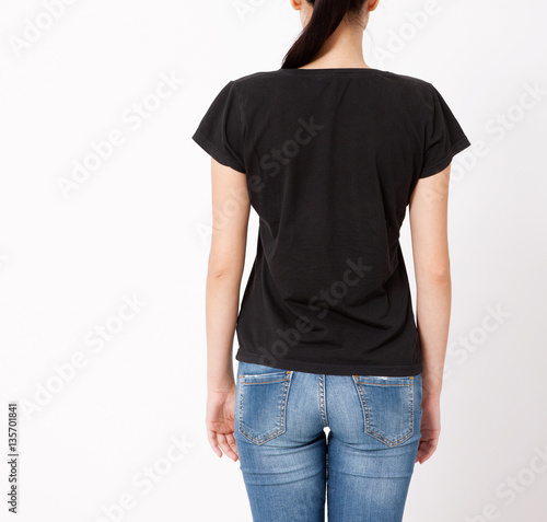 T-shirt design, people concept - closeup of young woman in blank black t-shirt, shirt, rear isolated. Mockup square.