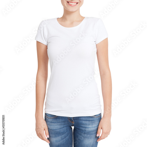 T-shirt design, people concept - closeup of young woman in blank white shirt, front isolated. Mockup square.