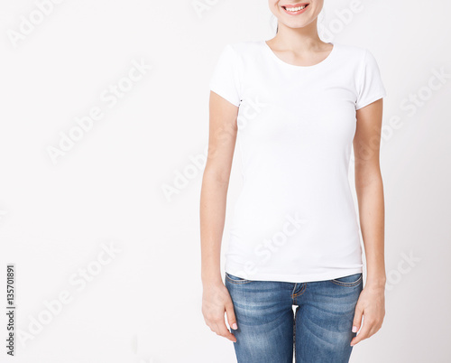 T-shirt design, people concept - closeup of young woman in blank white t-shirt, shirt, front isolated. Mockup square.