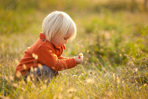blonde child play with flowers in a park
