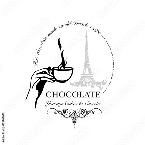 Hand drawn logo for cafe or hot chocolate outlet with hand holding steaming cup with Eiffel Tower in background. Vector Illustration