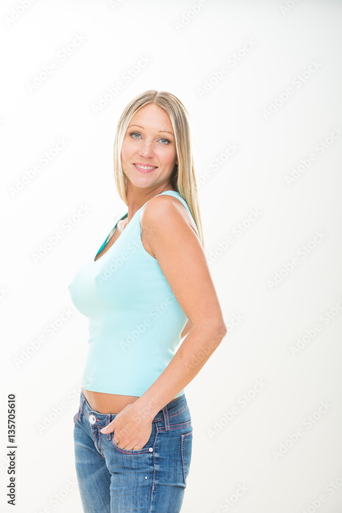 blonde smiling young woman with blue dress isolated on white blonde smiling young woman with blue dress isolated on white