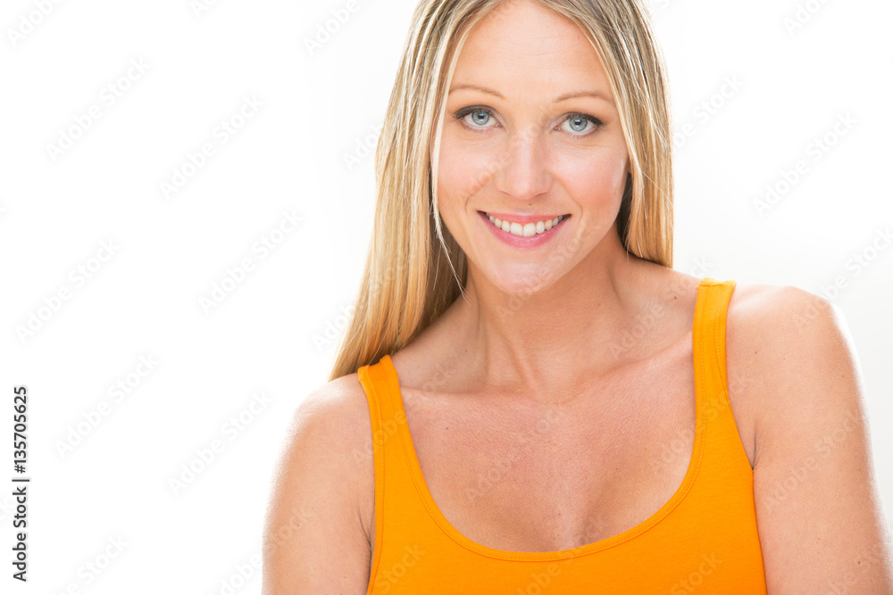 blonde smiling young woman with orange dress isolated on white blonde smiling young woman with orange dress isolated on white