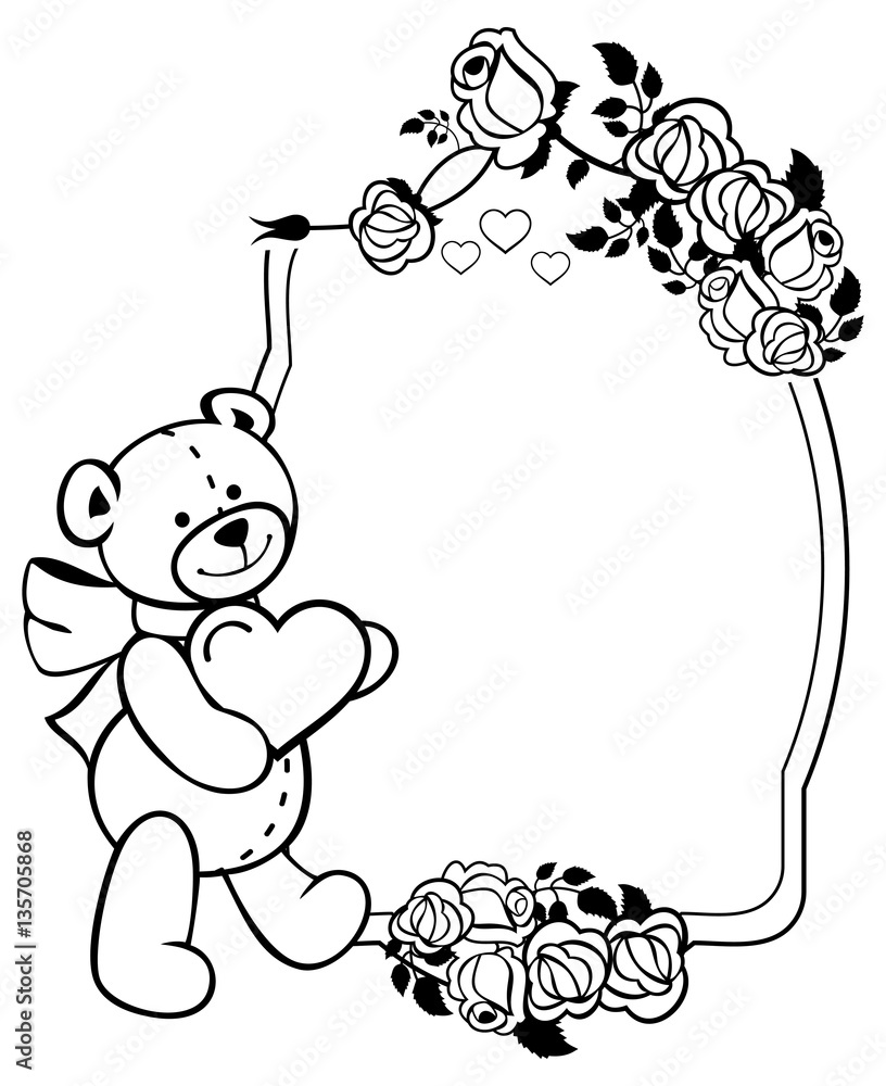 Oval label with outline roses and cute teddy bear holding heart. Vector clip art Oval label with outline roses and cute teddy bear holding heart. Vector clip art