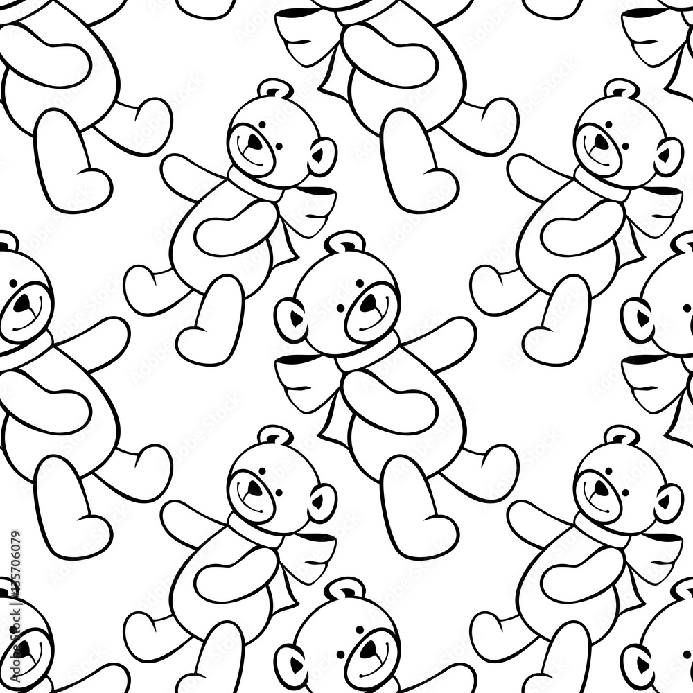 Black and white seamless pattern with teddy bears. Vector clip art.