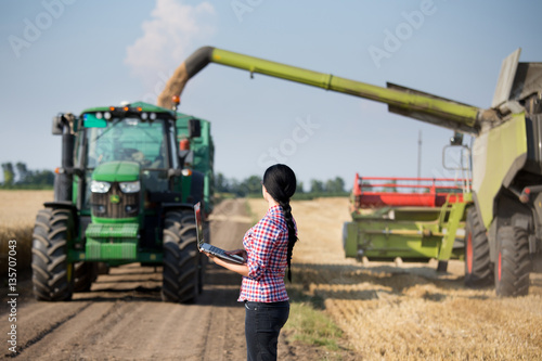 Woman with laptop at wheat harvest