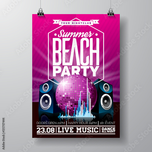 Vector Party Flyer Design with music elements on violet background. Speakers and disco ball.