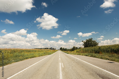 straight road thru fields in sunny day with cloudy blue sky, horizontal