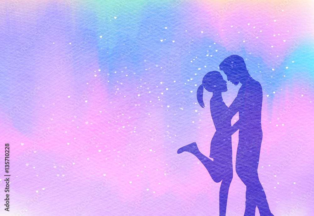 Young couple in love  silhouette on watercolor background. Romantic scene. Digital art painting.