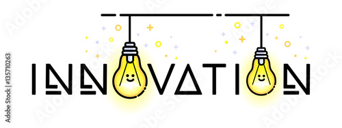 Light bulbs in creative banner. Innovation ideas. Vector flat line style design