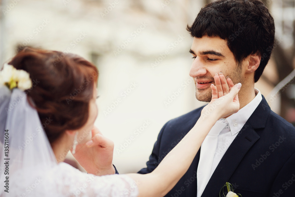 romantic bride touches groom face delicately romantic bride touches groom face delicately