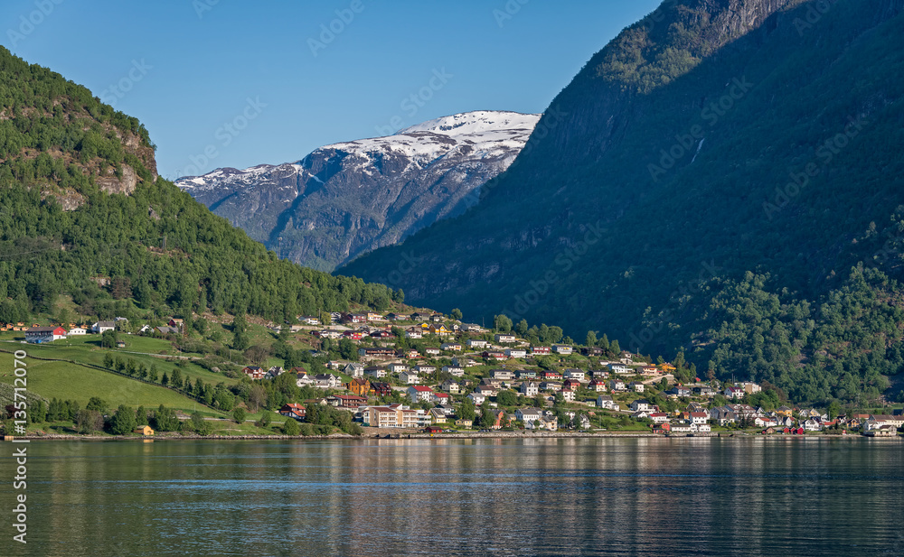Aurland town at Aurland fjord, Norway.