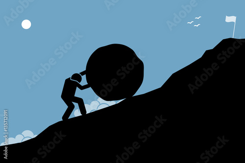 A strong man pushing a big rock up the hill to reach the goal on top. Artwork depicting hard work, challenge, mission, and accomplishment. 