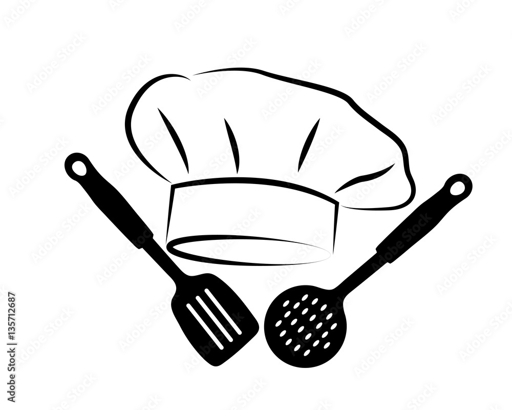 logo con cappello da chef e utensili da cucina Stock Vector