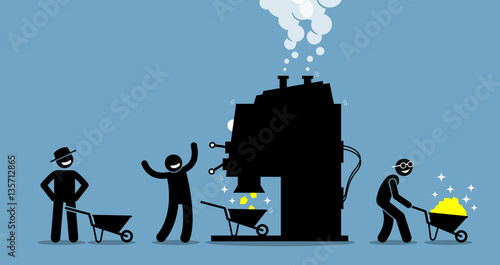 Gold mining machine. Vector artworks depicts technology automation, process, and generating wealth and money.