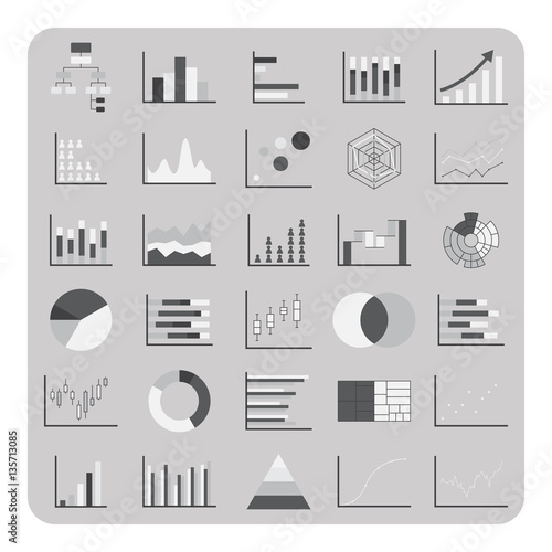 Vector of flat icons, Basic graph, chart and diagram set for business data on isolated background