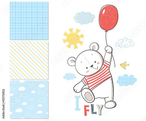 Little Bear is flying in a balloon. Surface pattern and 3 seamle