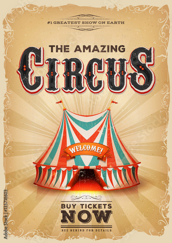 Vintage Old Circus Poster With Red And Blue Big Top