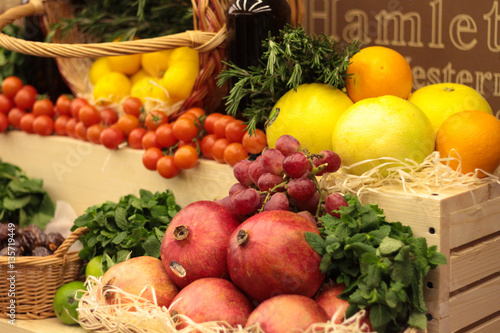 Fruit on a shop show-window. Fresh fruit baskets.