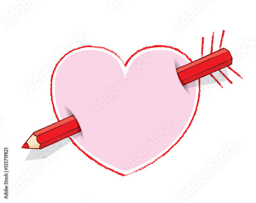 Diagonal Red Pencil Through Heart like an Arrow with Feathers and Pink infill