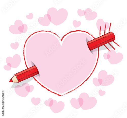 Diagonal Red Pencil Through Heart like an Arrow with Feathers plus Pink Infill and Border