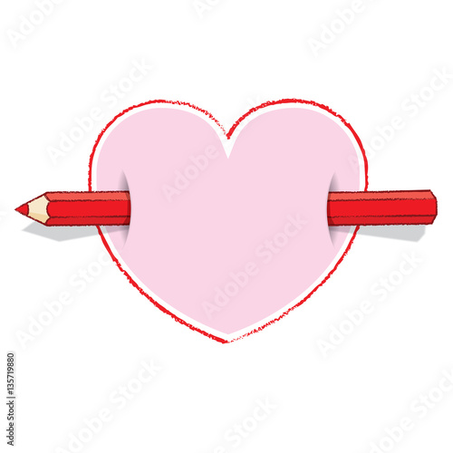 Horizontal Red Pencil Through Heart like an Arrow with Pink infill
