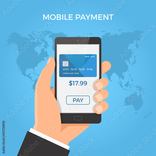 Mobile payment concept. Hand holding smartphone with credit card and button on the screen. Vector illustration.