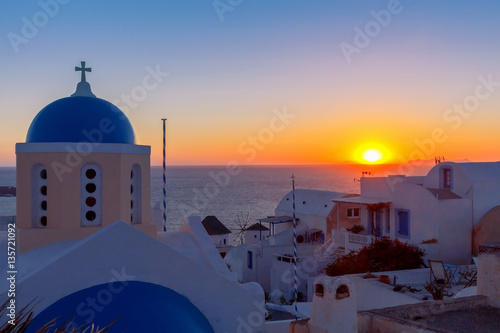 View of the village Oia on the sunset.