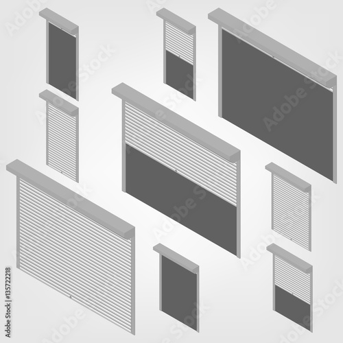 Steel security shutters isometric, vector illustration.