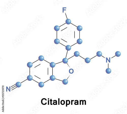 Citalopram is an antidepressant drug of the selective serotonin reuptake inhibitor class. Vector medical illustration
