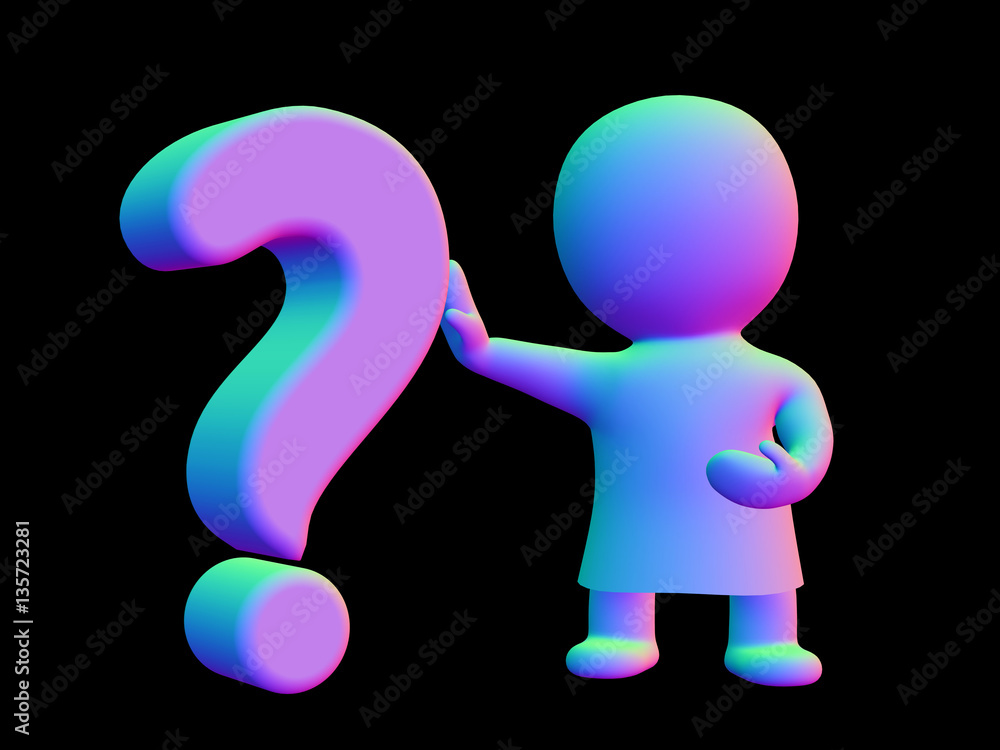 colourful 3d character wearing a gown holding a big question mark (3D illustration on a black background) colourful 3d character wearing a gown holding a big question mark (3D illustration on a black background)