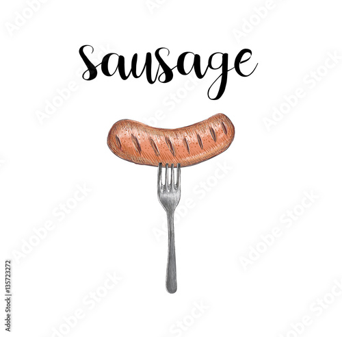 Sausage on a fork vector illustration hand sketch