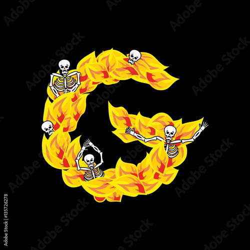 Letter G hellish flames and sinners font. Fiery lettering. Infer
