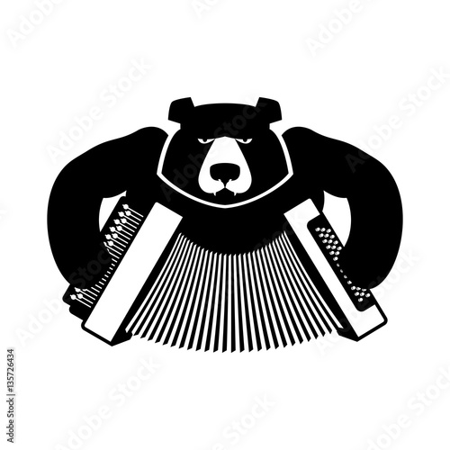 Russia logo bear with accordion. Grizzlies with an harmonica. Ru