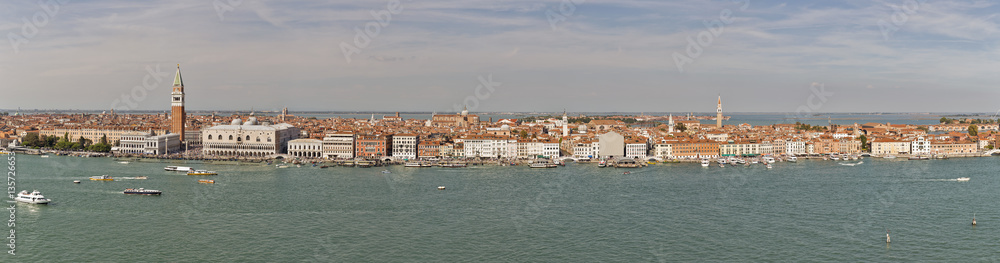 Venice lagoon with cityscape aerial panorama, Italy.