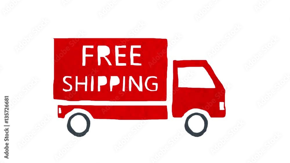 Truck with FREE SHIPPING written on it driving on pure white background. Cartoon stop motion animation. Truck with FREE SHIPPING written on it driving on pure white background. Cartoon stop motion animation.