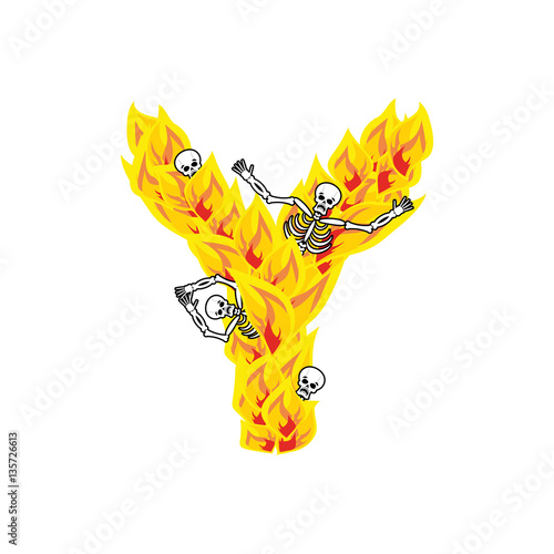 Letter Y hellish flames and sinners font. Fiery lettering. Infer