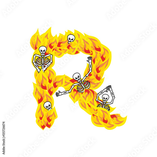 Letter R hellish flames and sinners font. Fiery lettering. Infer