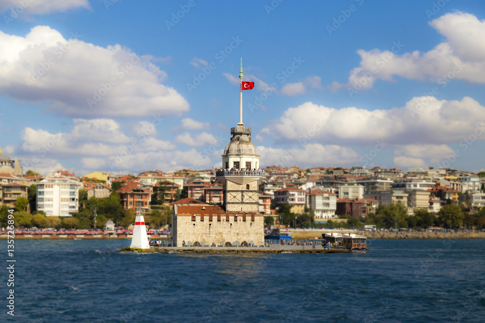 Istanbul, Turkey - September 13, 2016: Maiden Tower view from Bosphorus, built for seeking enemy ships Istanbul, Turkey - September 13, 2016: Maiden Tower view from Bosphorus, built for seeking enemy ships