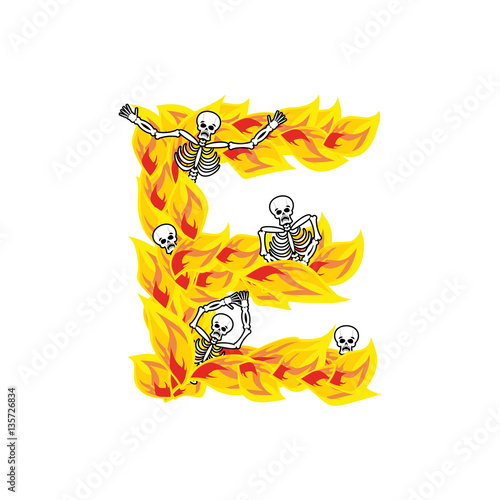 Letter E hellish flames and sinners font. Fiery lettering. Infer