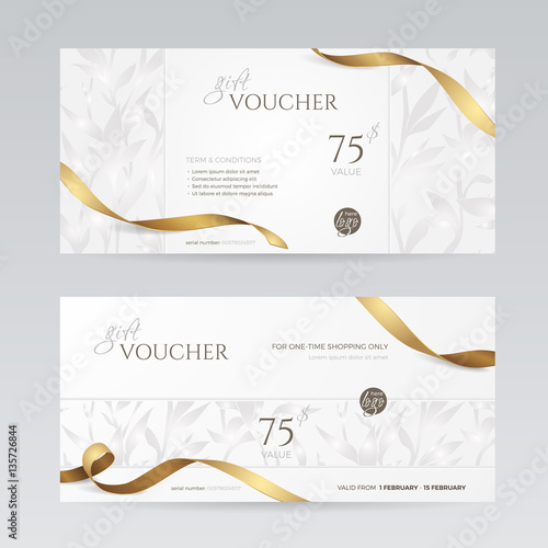 Set of stylish gift voucher with golden ribbon and silver floral pattern. Vector template for gift card, coupon and certificate. Isolated from the background. photo